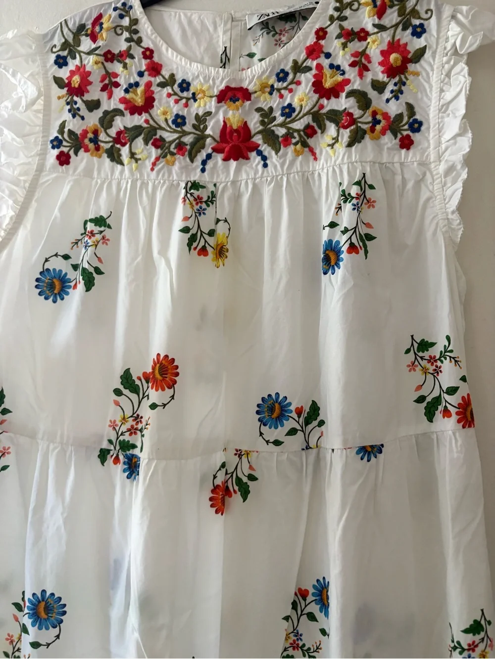 Zara Embroided bohemian White Floral Tiered Midi Dress